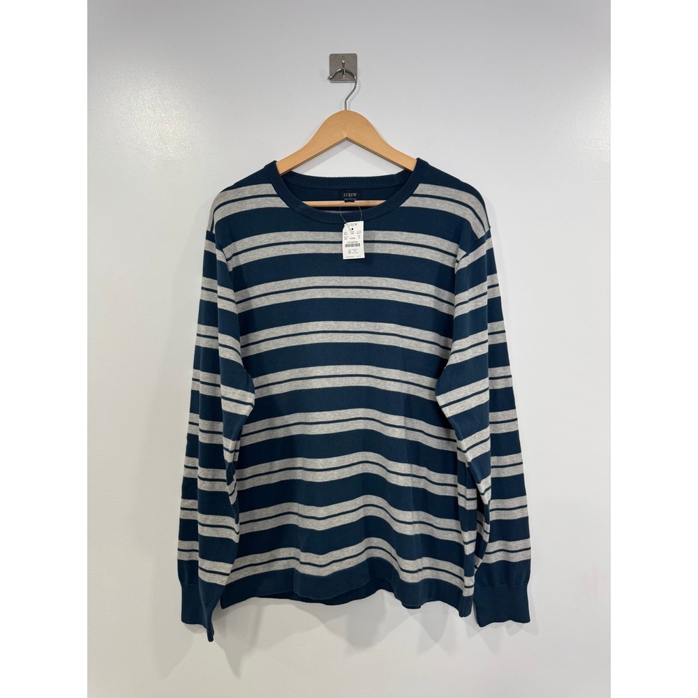 NWT J. Crew Men Blue Striped Cotton Long Sleeve Crewneck Sweater XL